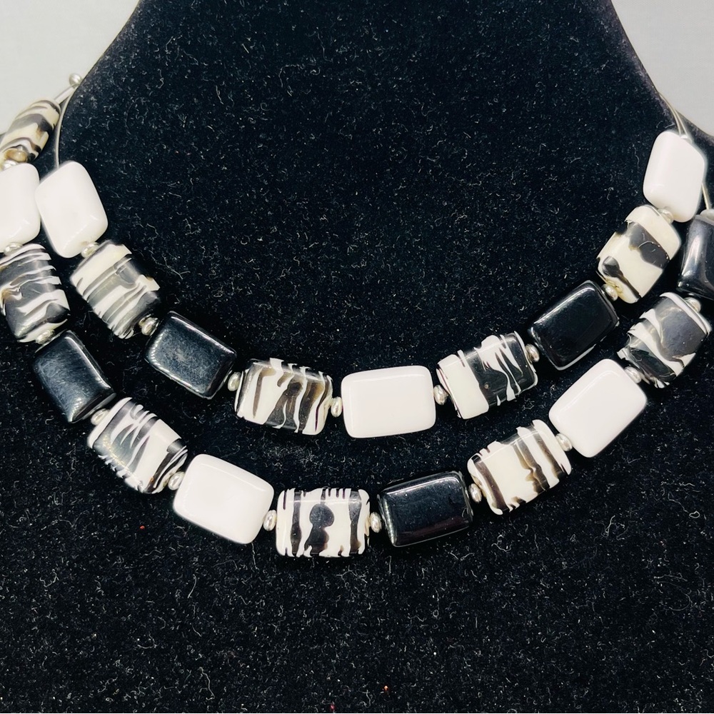 Source Unknown Black and White Beaded Double Strand Necklace